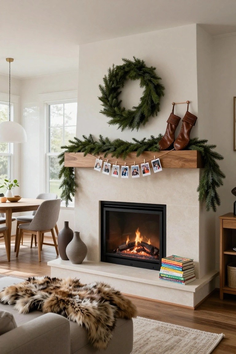 Modern interior with Christmas-decorated wooden mantel strung with clipped family Polaroid photos on evergreen garland, brown leather stockings, wreath above lit gas fireplace, dining table and seating nearby.