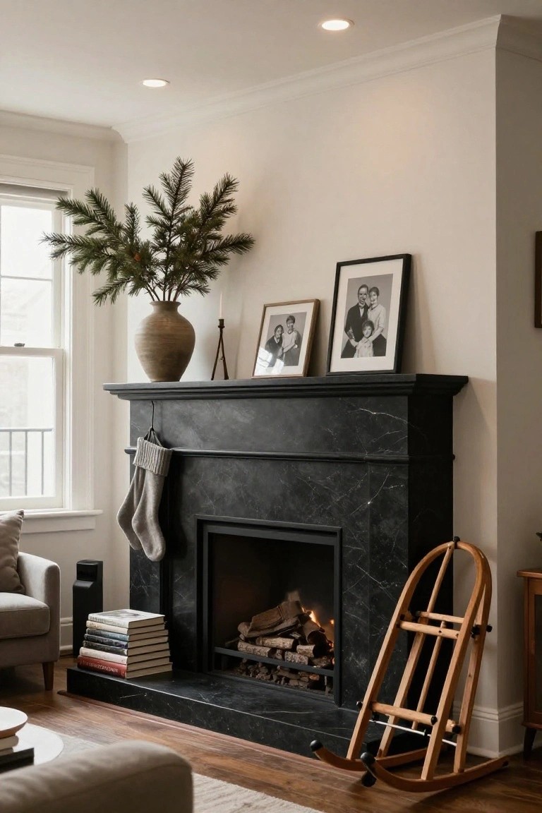 Black marble fireplace with stockings, family photos, sled, and books.