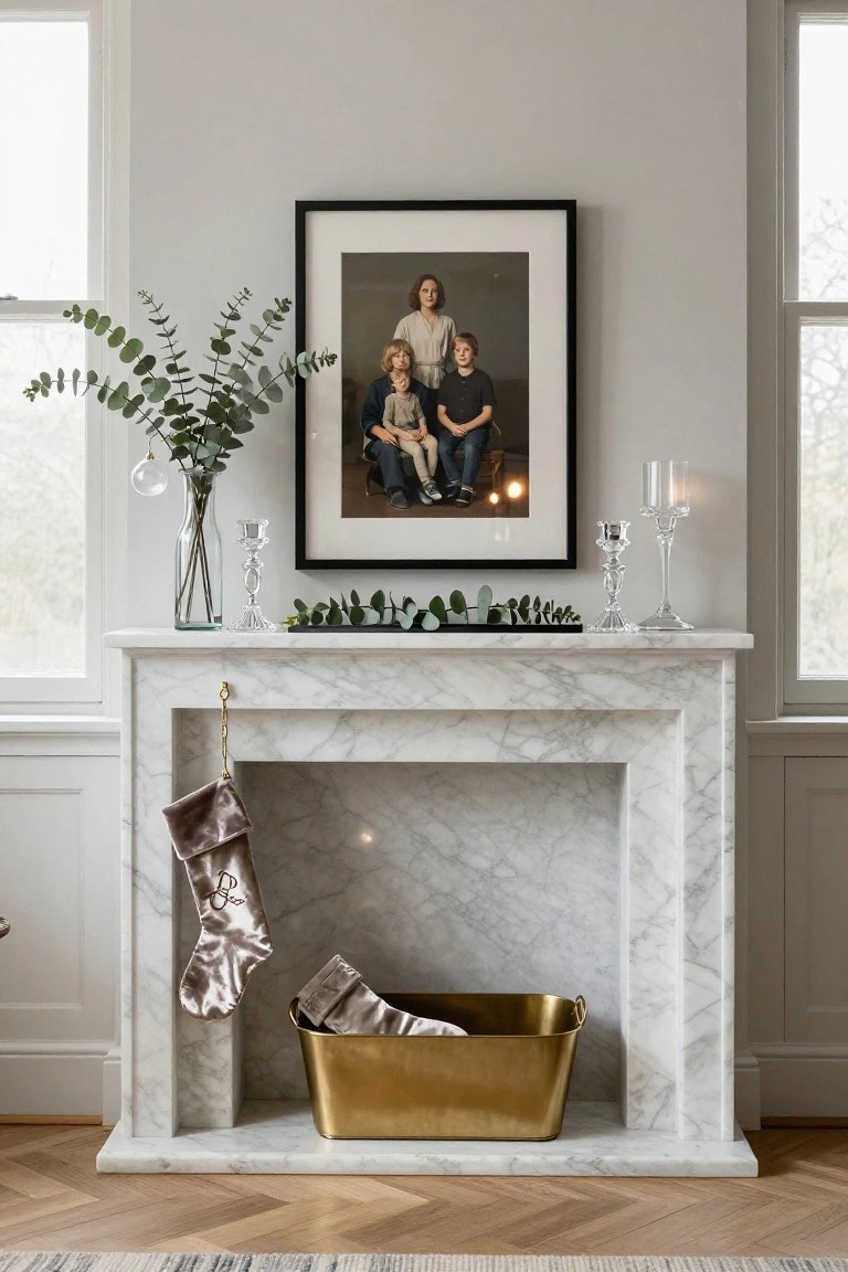 Marble fireplace mantel in a light-colored room with a large black-framed portrait of a woman and three children centered above it, flanked by eucalyptus in vases and glass candlesticks, a hanging velvet stocking, and a gold basket on the hearth.