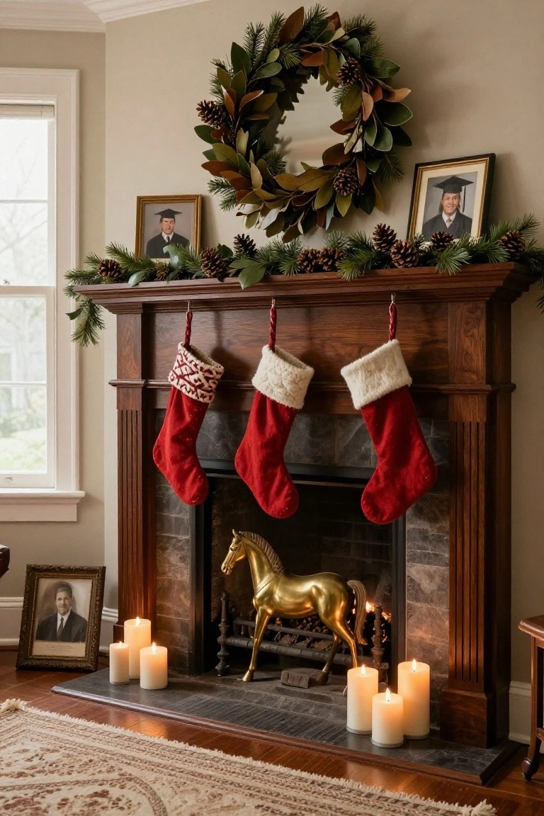 Festive Christmas mantel with red stockings, pine wreath, and glowing candles.