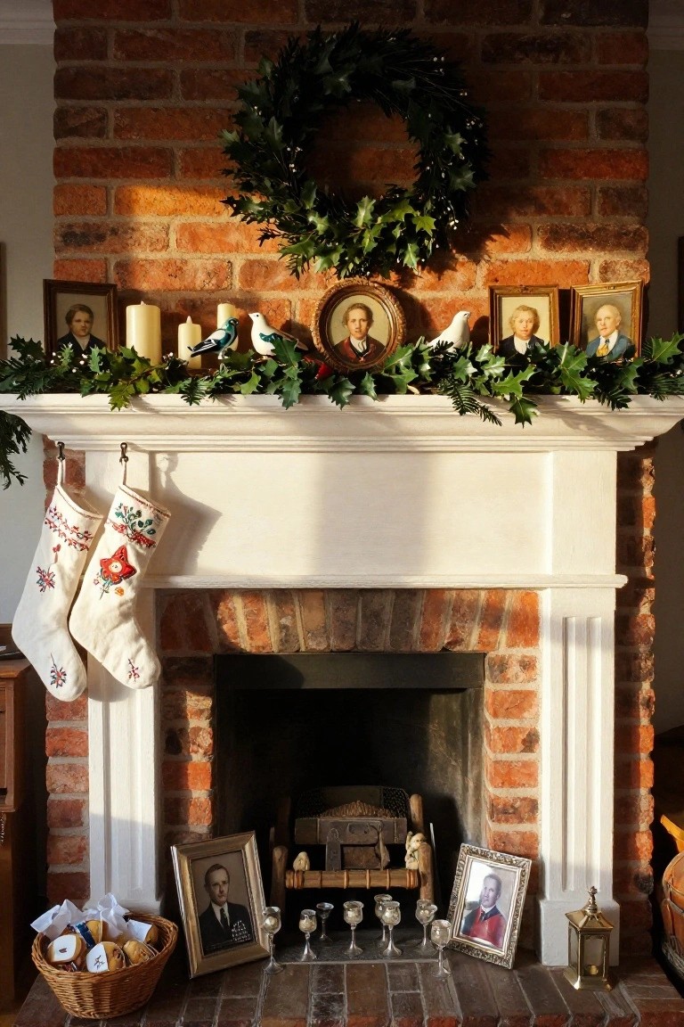 Brick fireplace mantel decorated for Christmas with holly garland, wreath above, multiple small vintage family portraits in gold frames, white candles, ceramic doves, two embroidered stockings hanging, wine glasses, and basket of cookies on the hearth.