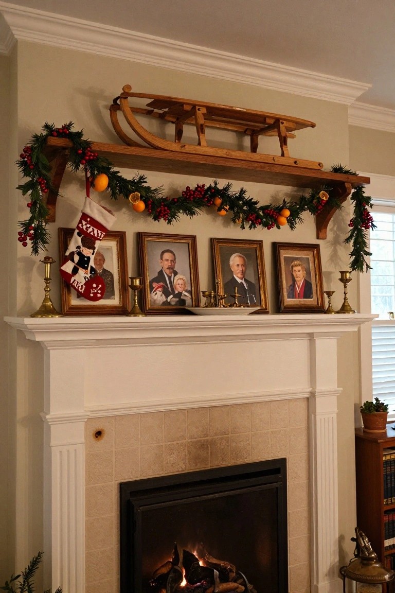 Christmas mantel over a fireplace with wooden shelf displaying a wooden sleigh, garland with oranges and berries, family photo frames, stockings, and candlesticks.
