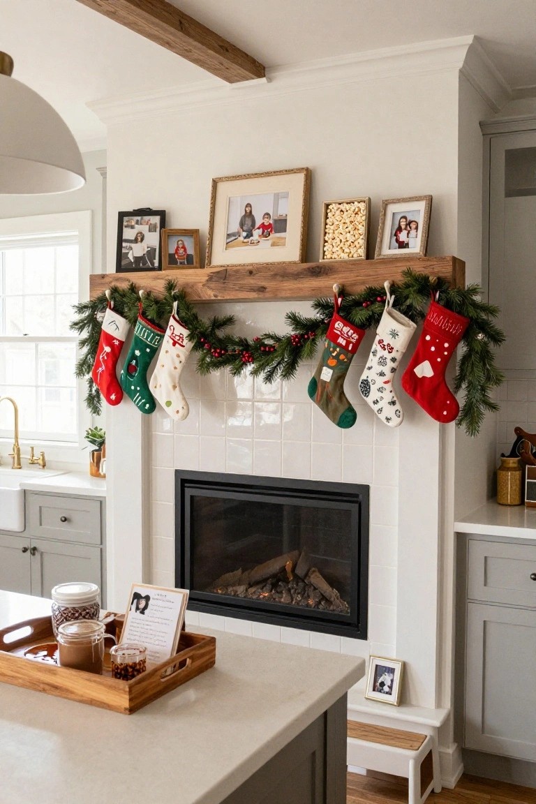 Kitchen fireplace mantel made of rustic wood beam holding colorful personalized Christmas stockings and evergreen garland with berries, family photos on nearby shelves and counters.