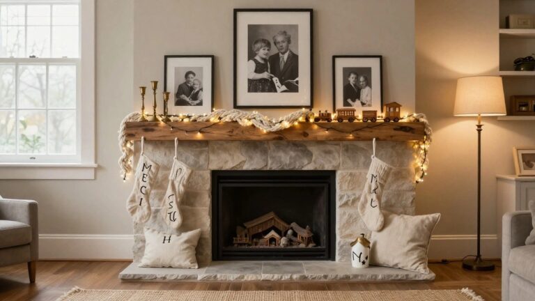 Stone fireplace with wooden mantel holding white chunky knit Christmas stockings labeled A, M, Y, white garland with fairy lights, brass candlesticks, model train, small houses, and black-and-white family photos on walls.