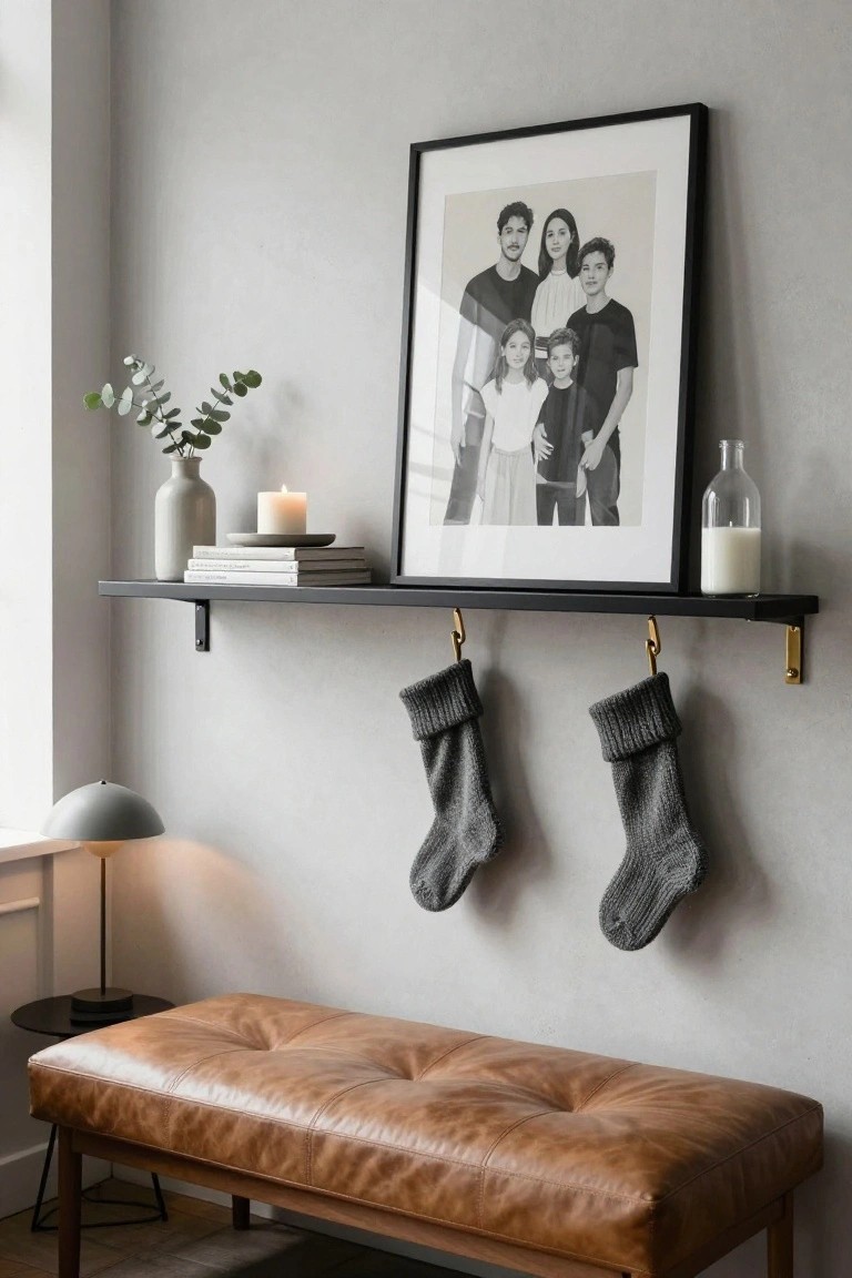 Gray wall with black floating shelf displaying stacked books, white candle, ceramic vase with eucalyptus, milk bottle, and large black-framed family portrait of parents and three children, gray knitted Christmas stockings hanging from gold hooks below shelf, tan leather bench with black side table and gray lamp in front.