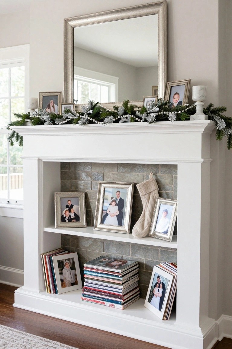 White fireplace mantel with gray tile surround and open wood shelves below, decorated for Christmas with evergreen garland, pearl beads, family photos in various frames, stockings, candles, and stacks of books.
