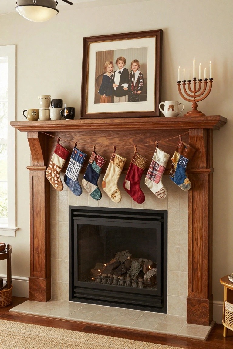 Wooden fireplace mantel decorated with a row of colorful mismatched Christmas stockings in patterns like plaid, patchwork, and solids, hanging from leather ties, with mugs, a family photo frame, and a menorah on the shelf above a gas fireplace.