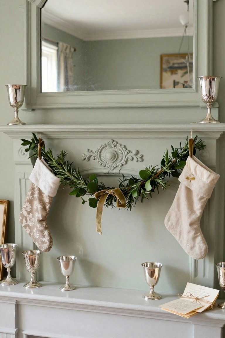 Sage green fireplace mantel with ornate mirror above, decorated with rosemary and eucalyptus garland from which two beige and white Christmas stockings hang, silver candlesticks and paper letters on the white stone hearth shelf.