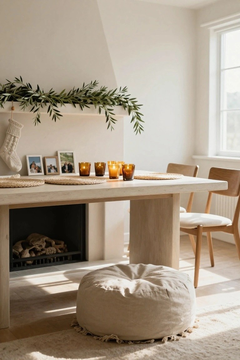 Light interior room with a fireplace mantel holding olive branch garland, family photo frames, white knit stocking, amber glass candles, and a beige dining table nearby with woven placemats and chairs.