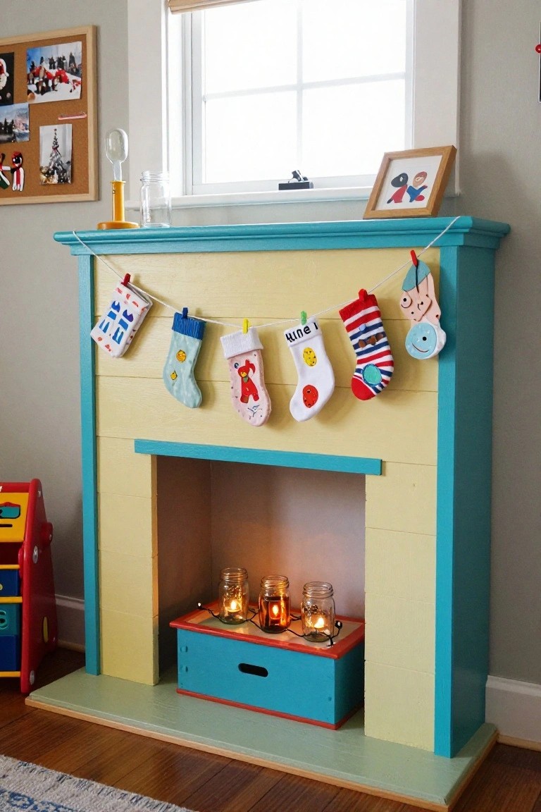 A turquoise and yellow painted wooden faux fireplace mantel in a playroom, decorated with colorful handmade Christmas stockings hanging on a string, mason jar candles lit inside the hearth, and a red toy car nearby.