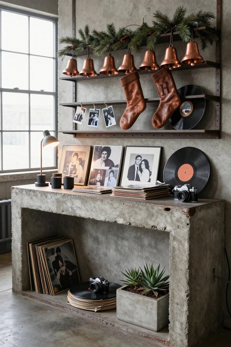 Industrial loft interior with metal wall shelves holding Christmas garland, copper bells, leather stockings, family photos, and vinyl records above a concrete console table with more records, a camera, and potted succulents.