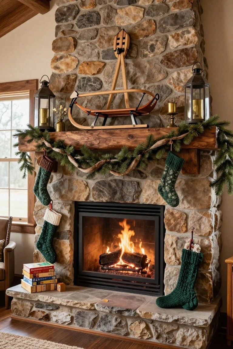 Rustic stone fireplace with distressed wood mantel decorated for Christmas, featuring knitted green and cream stockings, evergreen garland, brass lanterns, and wooden toys on the hearth.