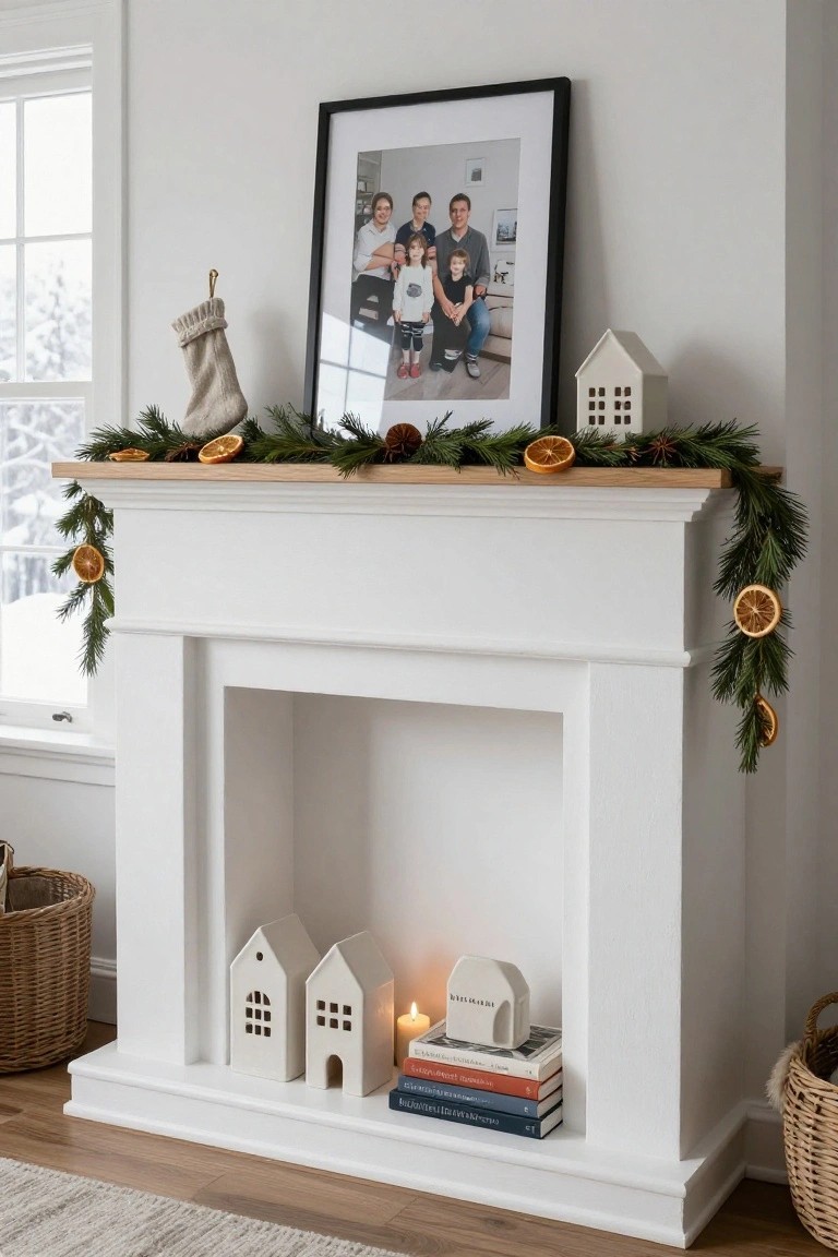 White fireplace mantel decorated for Christmas with evergreen garland, dried orange slices, pinecones, white ceramic houses, candles, books, stacked baskets nearby, and a framed family photo in black frame above.