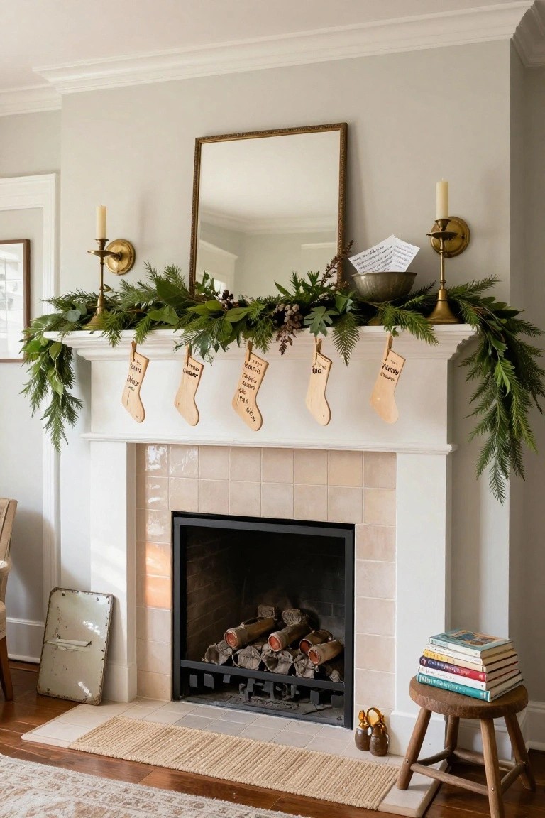 Christmas-decorated fireplace mantel in a light gray room with wooden stockings labeled with family names hanging from green garland, lit fire with logs, gold wall sconces with candles, large mirror above, and books stacked on a wooden stool nearby.