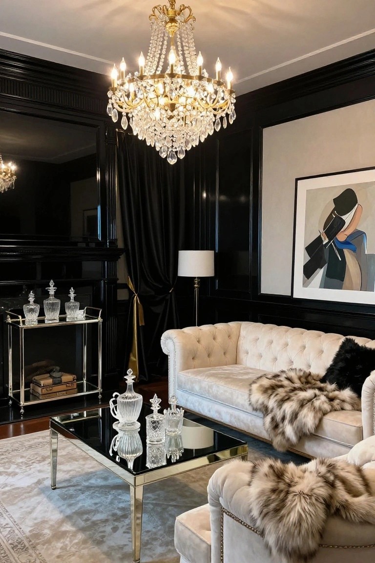 Formal living room featuring black paneled walls, a large crystal chandelier, two cream tufted sofas with fur throws, a mirrored black glass coffee table, and a silver bar cart with glass decanters near a fireplace.