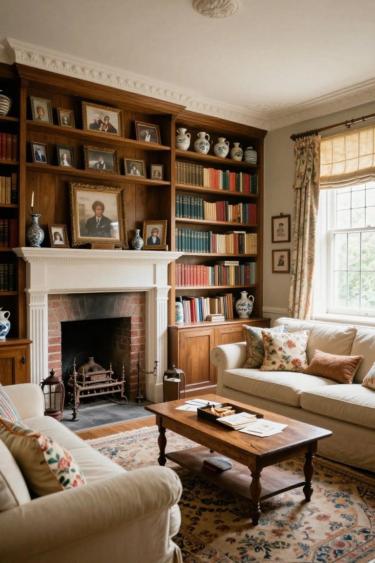 Formal living room with dark wooden built-in bookshelves filled with multicolored books, ceramics, and framed photos flanking a white brick fireplace with a fireguard, paired with cream slipcovered sofas, wooden coffee table, and patterned rug.