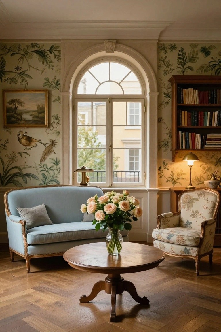 Formal living room with green botanical wallpaper featuring leaves and birds, blue curved settee with pillows, round wooden table holding a vase of pink roses, floral-patterned armchair, bookshelves, brass lamps, and arched window overlooking trees.