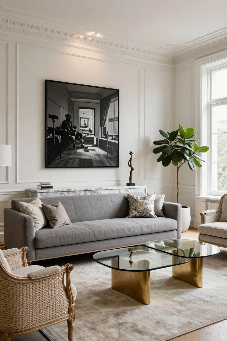 Formal living room with white paneled walls, large black-and-white photograph, gray three-seater sofa with throw pillows, two oval glass coffee tables on brass bases, marble console table, potted plant, bronze sculpture, rattan armchair, and large windows.