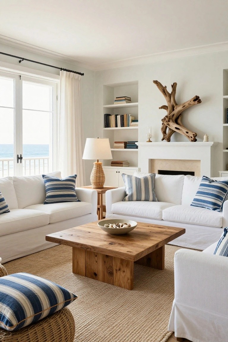 Formal living room with white slipcovered sofas and blue striped pillows arranged around a wood coffee table, built-in bookshelves flanking a white fireplace, and large windows overlooking the ocean.