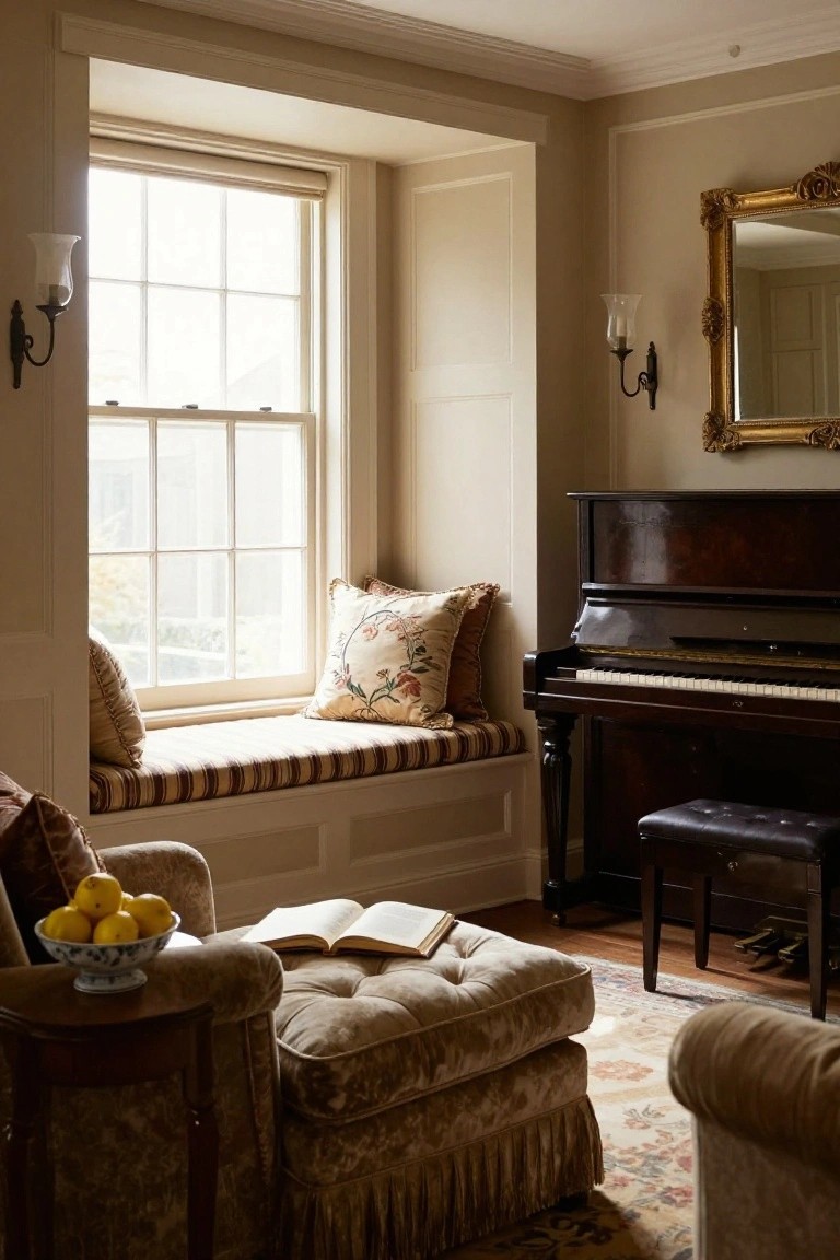 A formal living room in soft beige tones with a cushioned window seat beside a dark upright piano, two armchairs, a side table holding a bowl of lemons, and a gold-framed mirror on the wall.
