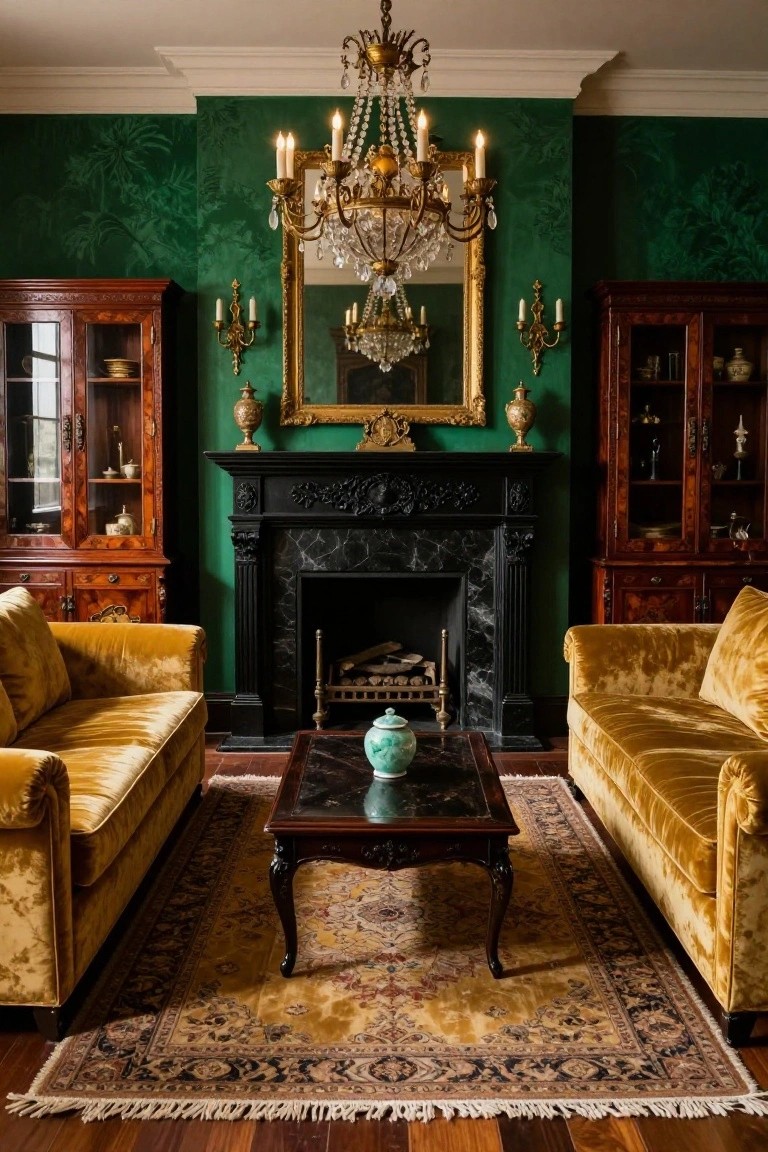 Formal living room with deep green palm-patterned walls, facing yellow velvet sofas around a low table, black marble fireplace, wooden cabinets, gold chandelier, and ornate mirror.