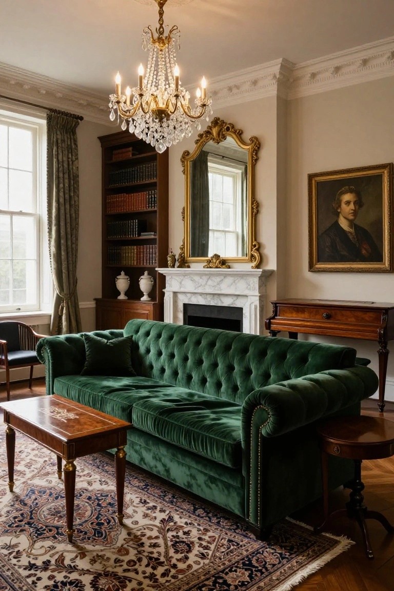 Formal living room with emerald green tufted velvet sofa, marble fireplace, gold chandelier, wooden bookshelves, antique tables, and patterned rug.