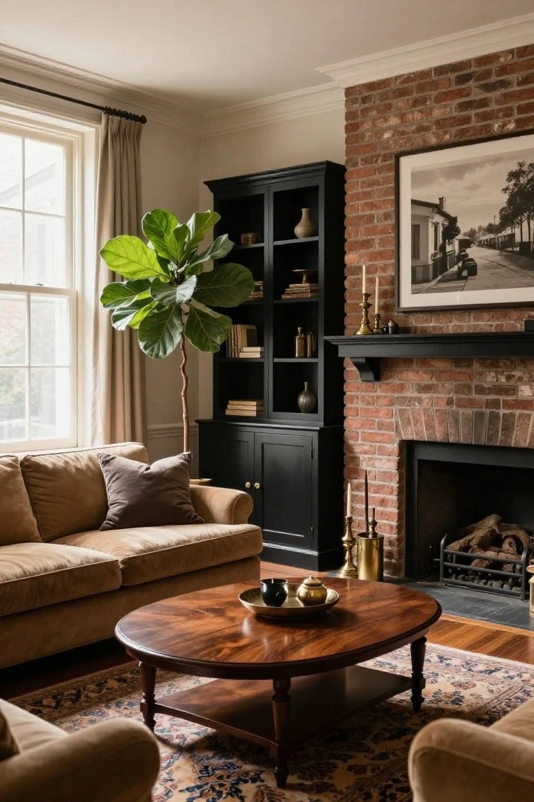 Formal living room with exposed red brick fireplace wall under black mantel shelf holding candelabras, flanked by tall dark wood bookcase with fiddle leaf fig plant, facing beige upholstered sofa and oval wooden coffee table on patterned rug, large window with tan drapes.