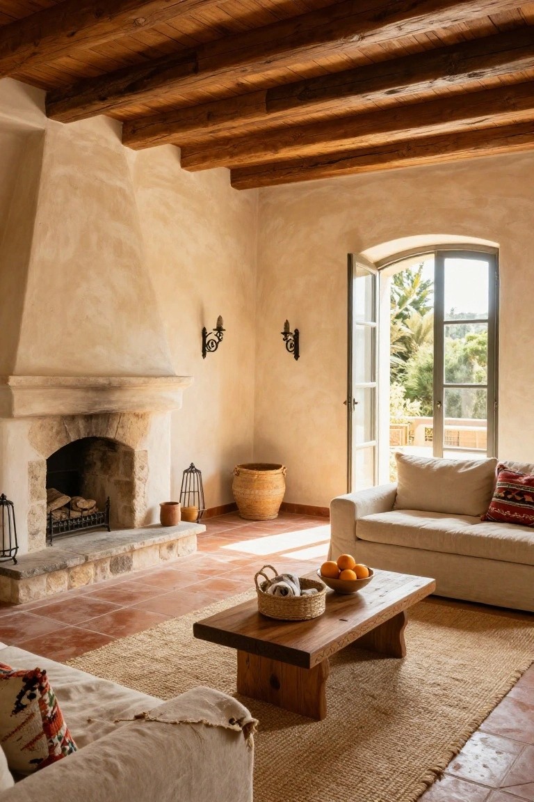 Living room interior with exposed dark wooden beams on the ceiling, beige stucco walls, stone fireplace, cream sofa with colorful pillows, low wooden coffee table holding oranges and basket, terracotta tile floor, and open French doors to balcony view.