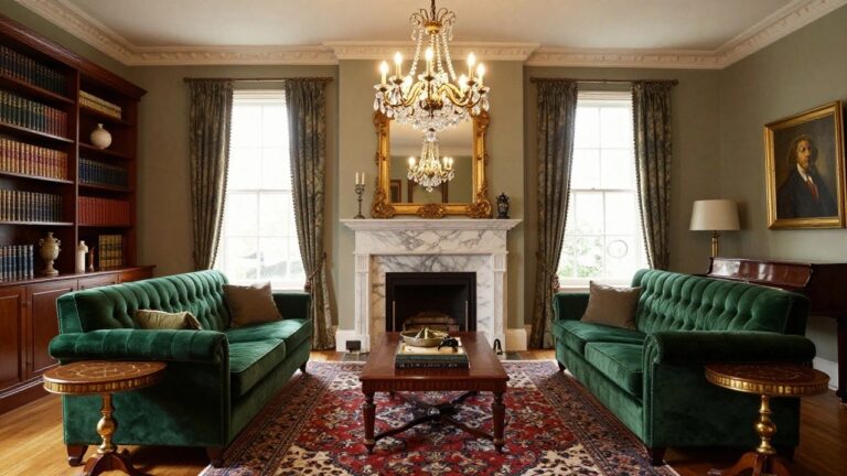 25 Formal Living Room Ideas Formal living room with emerald green tufted velvet sofa, marble fireplace, gold chandelier, wooden bookshelves, antique tables, and patterned rug.