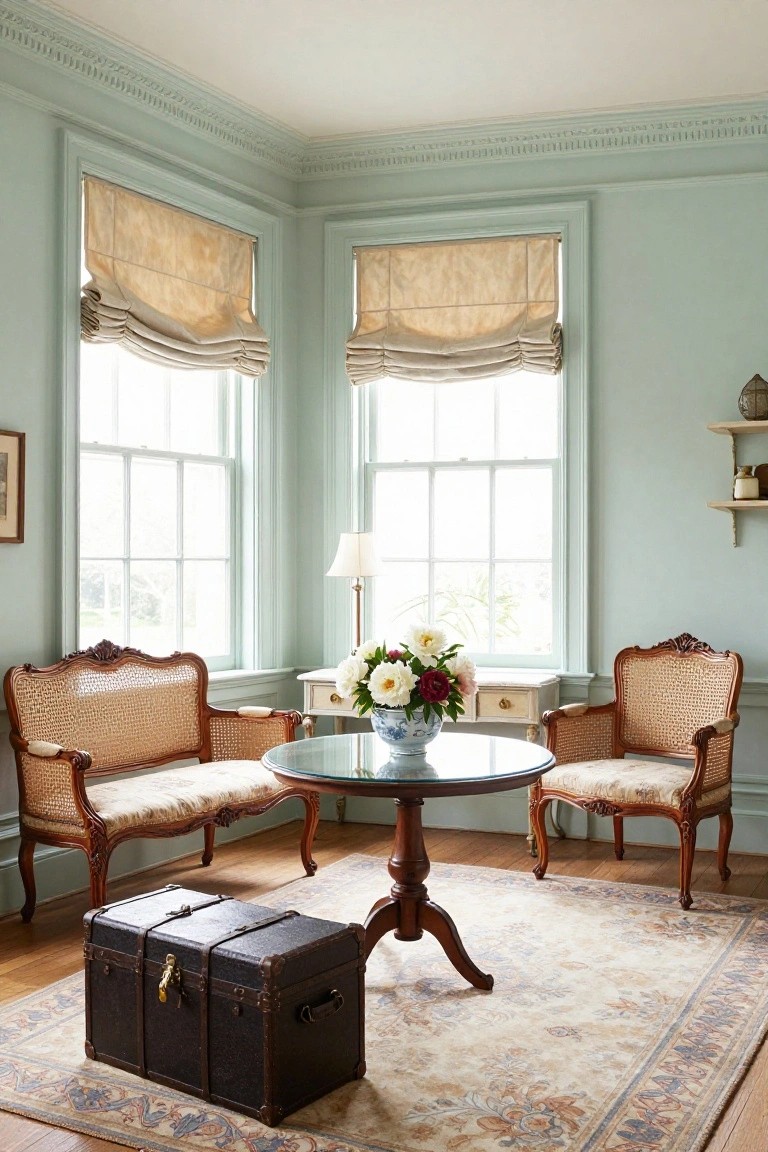 Corner of a light green-walled room with two beige caned armchairs flanking a round glass-topped wood pedestal table topped with a blue and white vase of white and pink flowers, a leather trunk on a patterned rug, side tables, a lamp, and windows with beige roman shades.