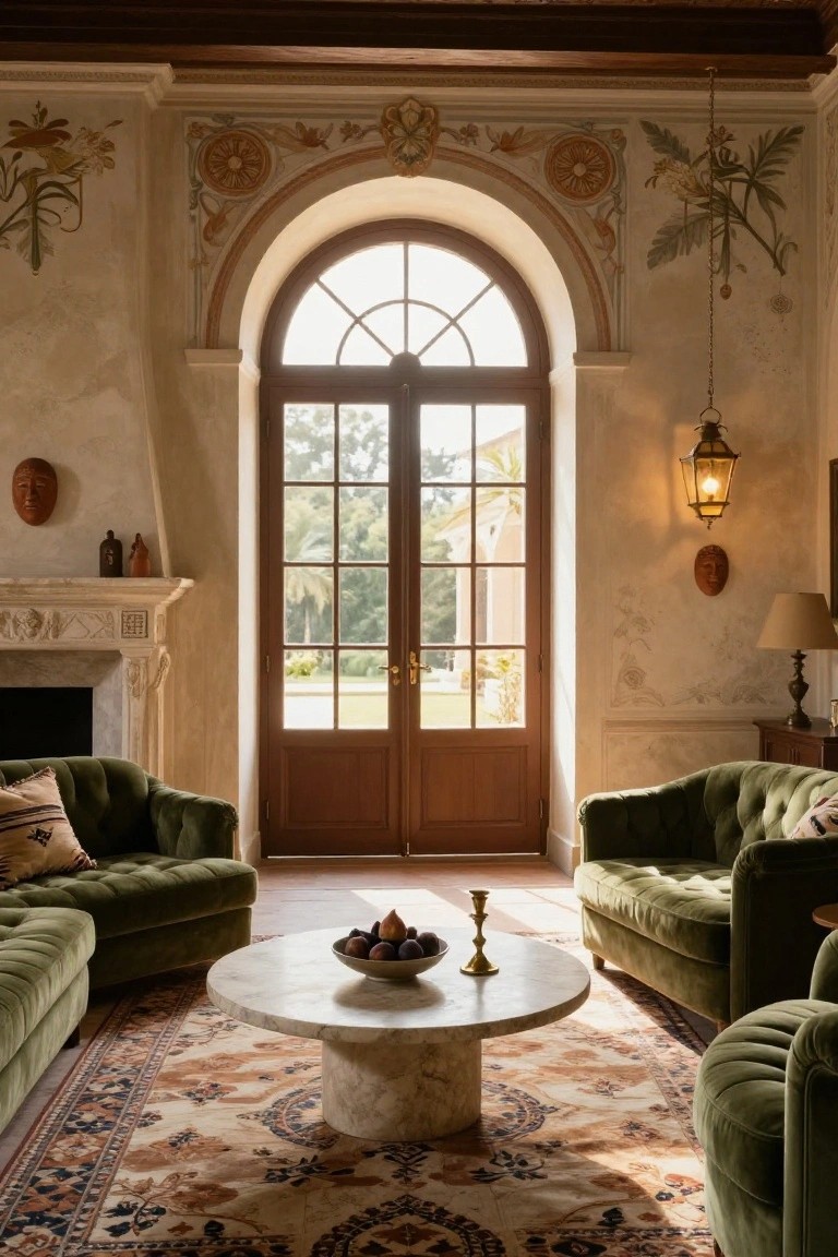 Formal living room with paired green velvet tufted sofas and armchairs around a round white marble coffee table on an ornate rug, large wooden French doors open to palm trees outside, ornate beige walls, carved stone fireplace, and hanging lantern.
