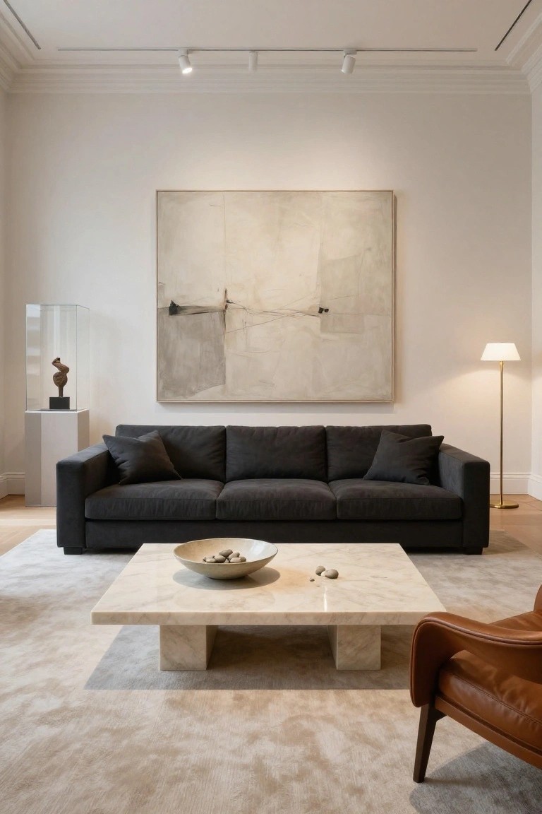 Minimalist formal living room with white walls, large beige abstract painting, glass pedestal holding bronze sculpture, black sofa, travertine coffee table with stone bowl, cream rug, gold floor lamp, and orange leather armchair on light oak floors.