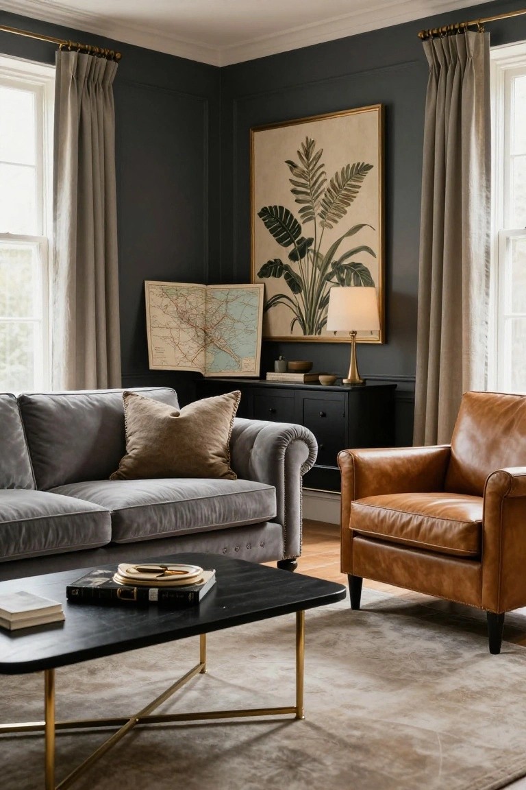 Corner of a formal living room featuring charcoal painted walls, a gray velvet sofa with tan pillows, a tan leather armchair, black coffee table with gold legs, gold-framed leaf artwork, open map book on a sideboard, and beige linen curtains on two windows.