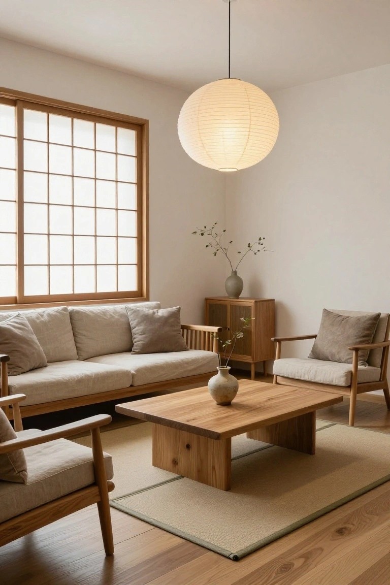 A minimalist Japanese-style living room with light wood flooring, low wooden coffee table, beige upholstered sofa and armchairs, wooden cabinet, shoji screen window, vase on table, and hanging white paper lantern.