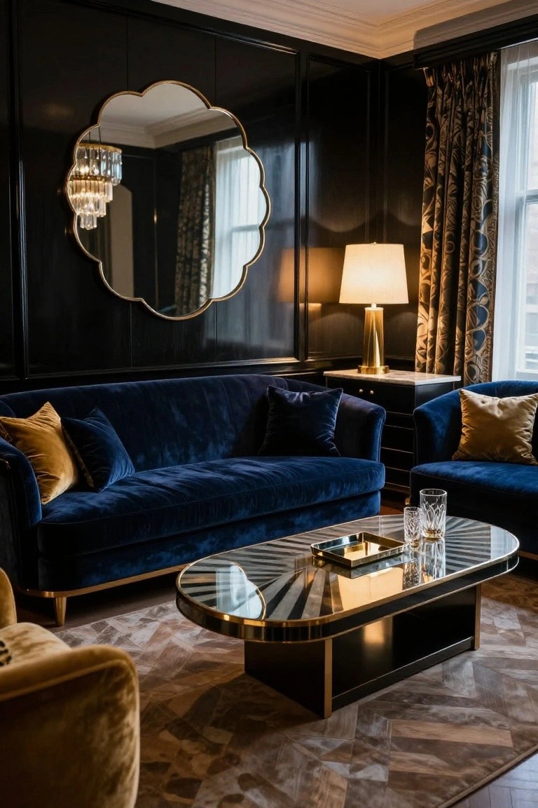 Formal living room with glossy black paneled walls, navy blue velvet L-shaped sofa and armchair with mustard yellow pillows, brass-trimmed glass coffee table, gold arched mirror, chandelier reflection, table lamp, and patterned rug.