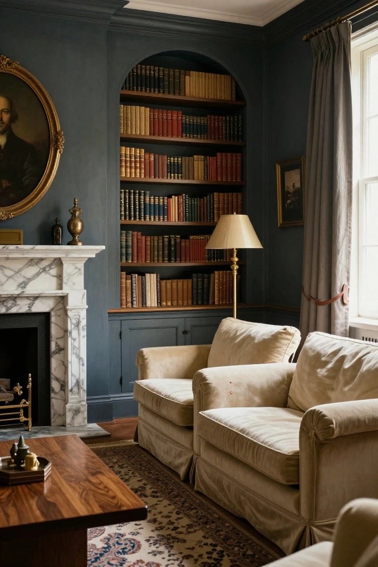 Formal living room with dark navy paneled walls, arched wooden bookcase alcove filled with leather-bound books, white marble fireplace, cream slipcovered armchairs, brass floor lamp, and wooden coffee table on a patterned rug.