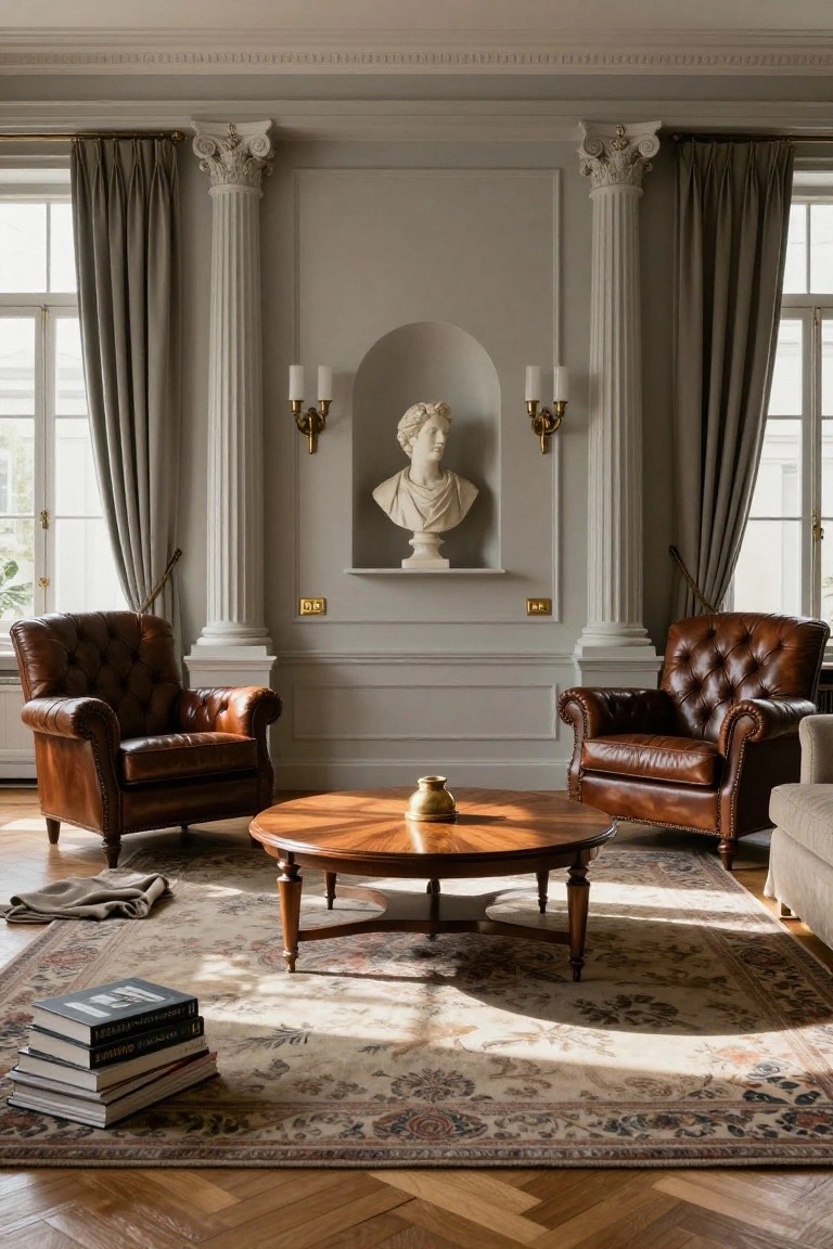 Formal living room with tall white fluted columns flanking a wall niche holding a white marble bust, two brown tufted leather armchairs facing a round wooden coffee table topped with books and a brass finial, patterned rug, gray drapes on tall windows, and parquet wood floor.