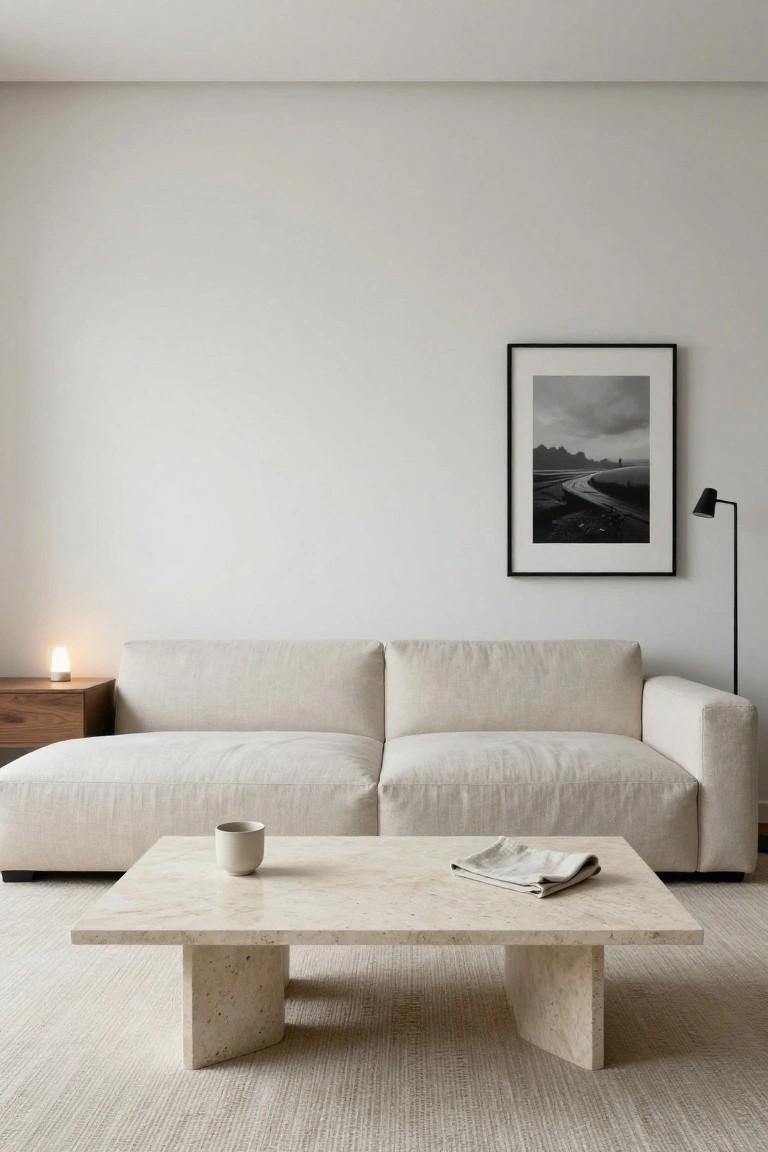 Minimalist living room with cream fabric sofa, low square travertine coffee table holding a cup and linen napkin, walnut side table with small lamp, black-framed black-and-white landscape photo on white wall, black floor lamp, and light beige area rug on light floor.
