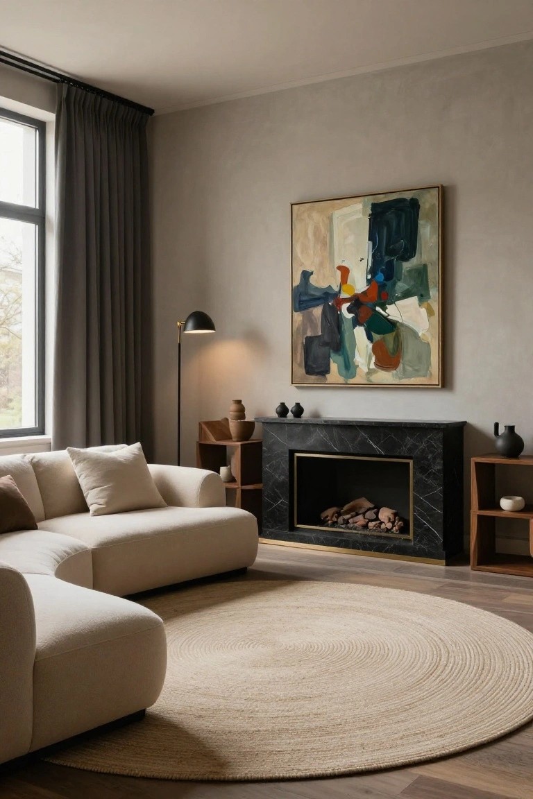 A curved beige sofa sits on a large round seagrass rug in front of a black marble fireplace in a neutral-toned living room with an abstract painting on the wall and a floor lamp nearby.