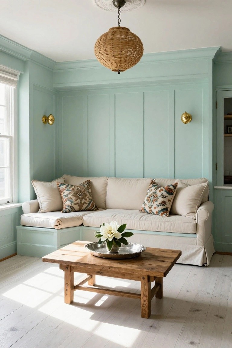 Light teal paneled walls in a corner living room with cream L-shaped sofa, patterned pillows, wooden coffee table with white flower arrangement in silver dish, rattan pendant light, brass wall sconces, and white wood floors.