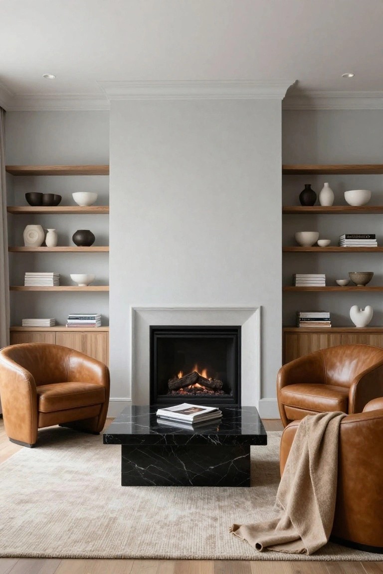 Modern living room with black marble fireplace, brown leather chairs, and floating shelves.