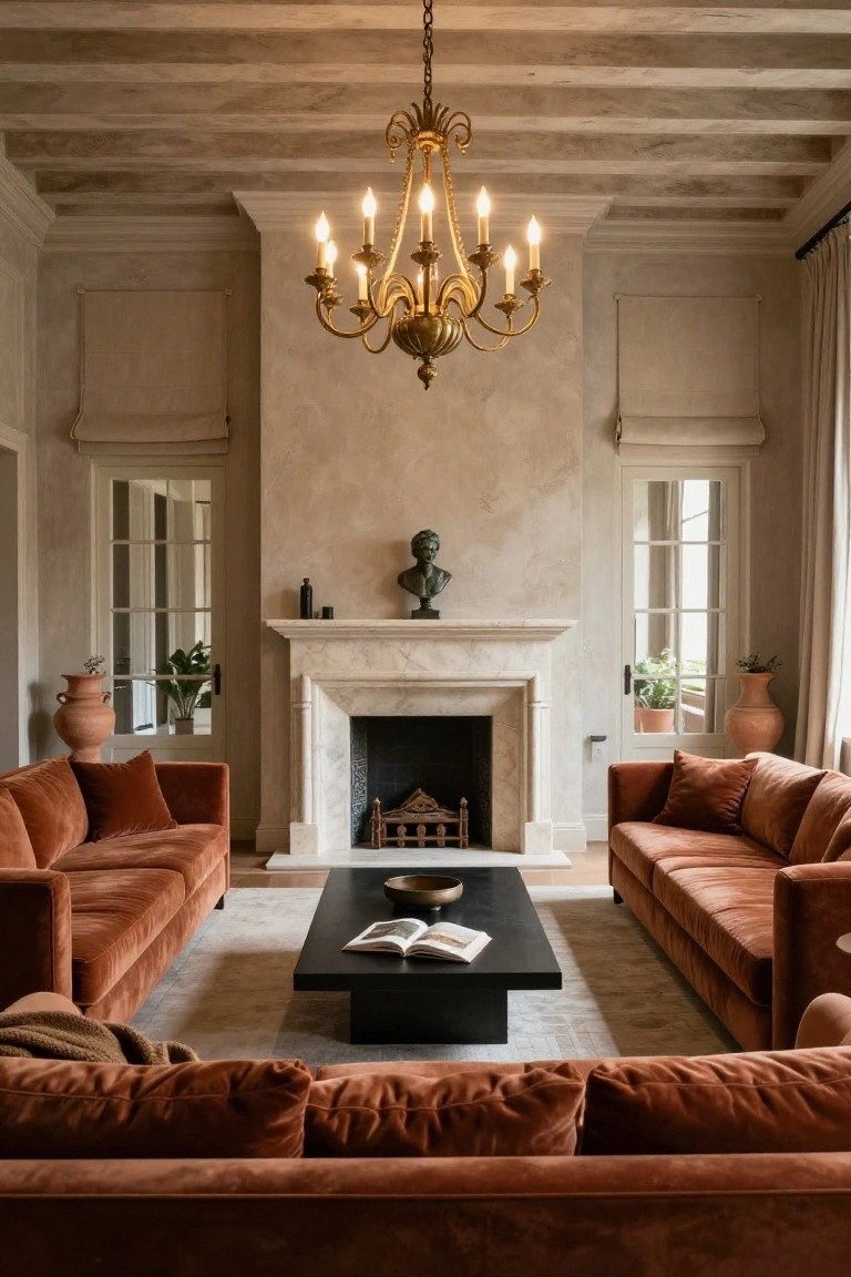Elegant living room with rust velvet sofas, marble fireplace, and brass chandelier.