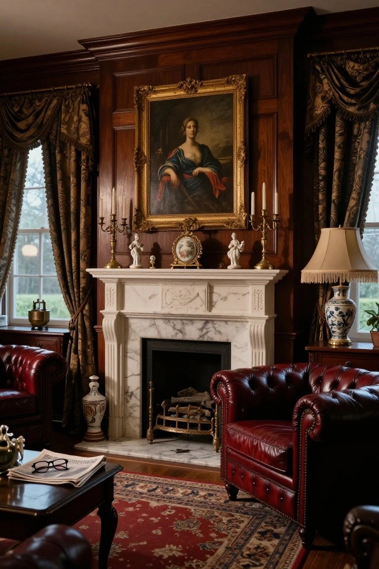 Formal living room with dark wood paneled walls, white marble fireplace, red leather armchairs, gold-framed portrait, candelabras, and antique vases on side tables.