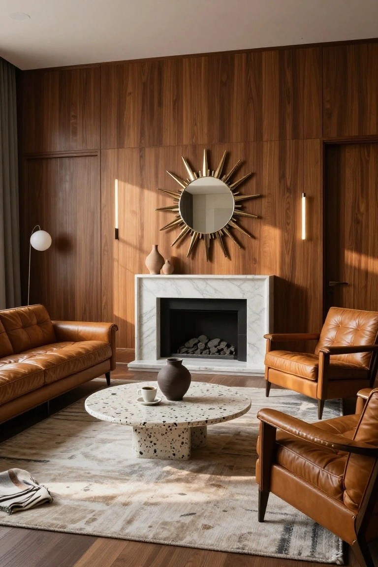 Formal living room with vertical wood-paneled walls, white marble fireplace, gold sunburst mirror above mantel, tan leather sofa and armchairs, round terrazzo coffee table, ceramic vases, and neutral rug on wood floors.