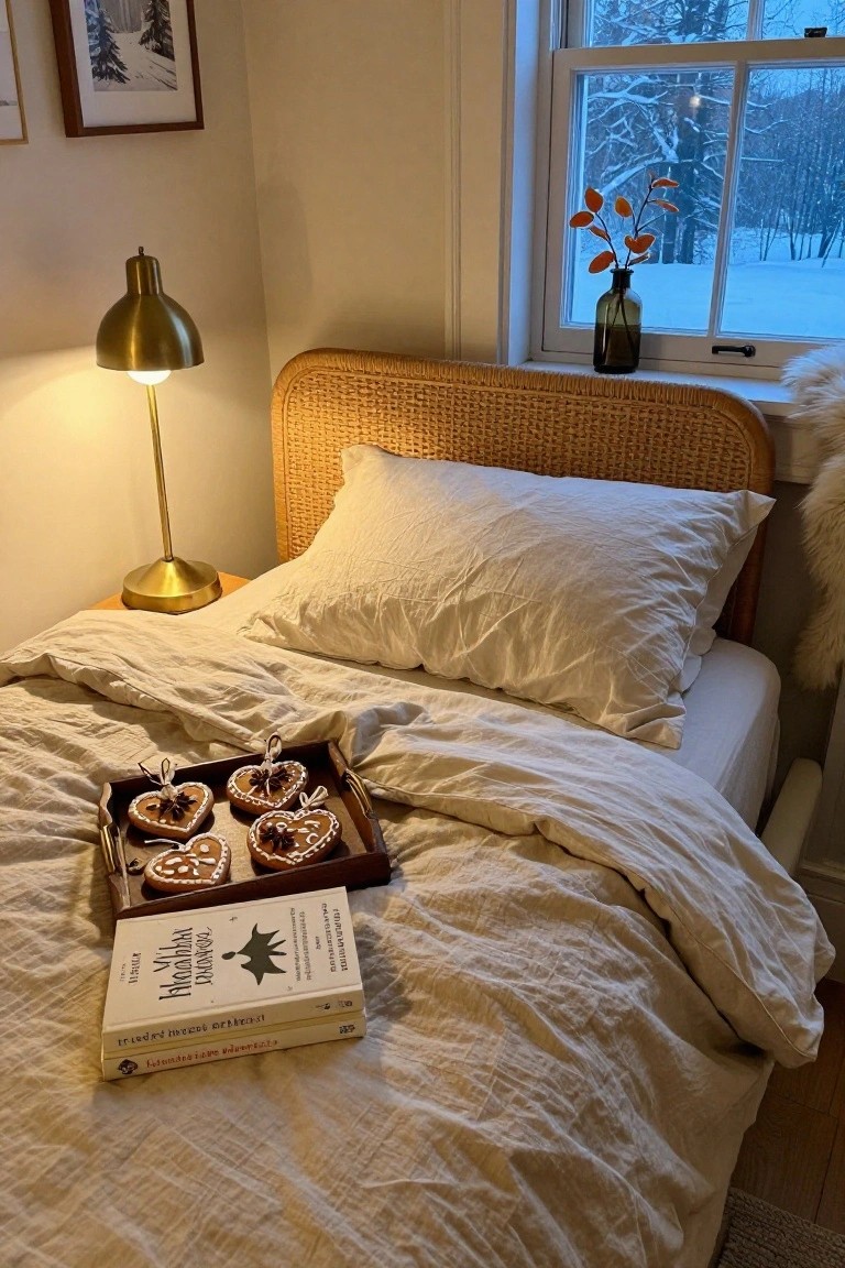Close-up of a cozy bedroom corner featuring a bed with white linens and rattan headboard, a wooden tray holding four heart-shaped gingerbread cookies with white icing, an open book nearby, brass lamp on nightstand, and window with snowy view outside.