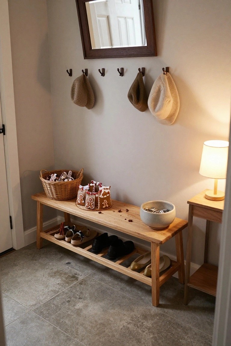 Cozy entryway corner with wooden bench holding shoes below and baskets of gingerbread cookies above, hats hanging on wall hooks, mirror overhead, and table lamp nearby.