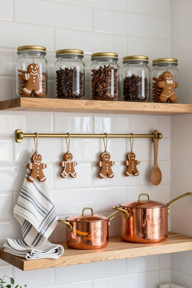 Open wooden kitchen shelves on a white subway tile wall displaying glass jars filled with spices and gingerbread cookies, hanging gingerbread ornaments from a brass bar, a wooden spoon, striped tea towel, and copper pots.