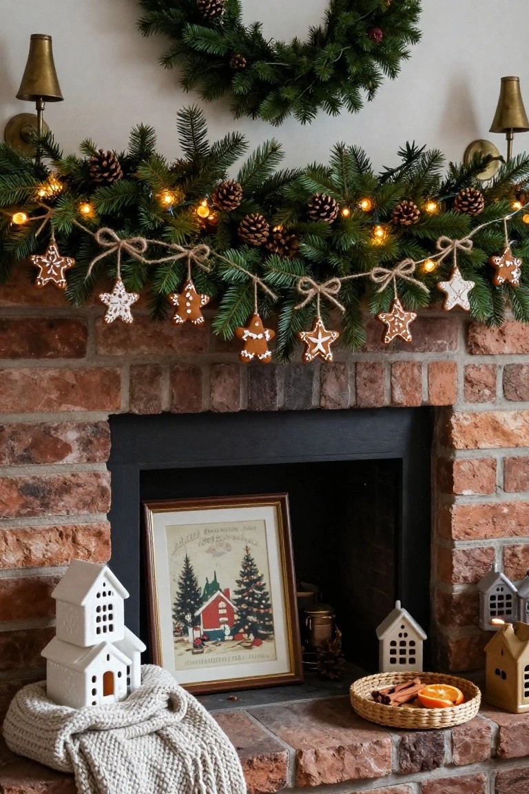Brick fireplace mantel with pine garland strung with white-iced gingerbread star cookies on twine, pinecones, string lights, brass candelabras, small white ceramic houses, and a basket of cinnamon sticks and orange slices.