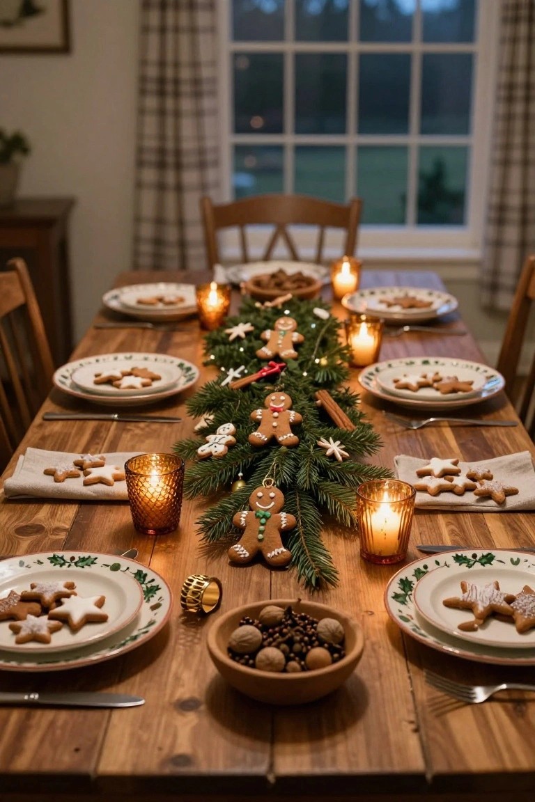 Long wooden dining table set with white plates of gingerbread cookies and stars, evergreen garland runner, lit candles, and Christmas ornaments.