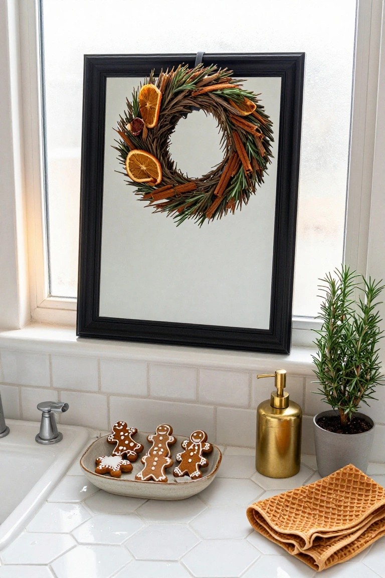 Kitchen sink on white hexagonal tiles with a white dish of iced gingerbread cookies, gold soap dispenser, gray pot with rosemary plant, orange waffle-weave tea towel, and black-framed mirror holding an orange, cinnamon stick, and evergreen wreath above the window.